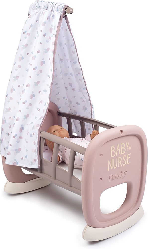 Ліжечко колиска для ляльки Smoby Toys Baby Nurse Бебi Ньорс Рожева пудра  з балдахіном 220373