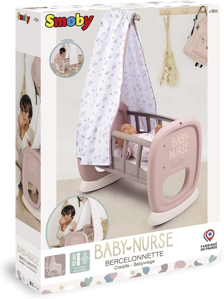 Ліжечко колиска для ляльки Smoby Toys Baby Nurse Бебi Ньорс Рожева пудра  з балдахіном 220373