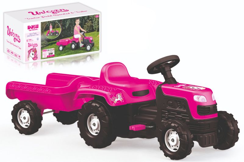 Детский трактор на педалях с прицепом Unicorn Pink Dolu Toy Factory, 2508