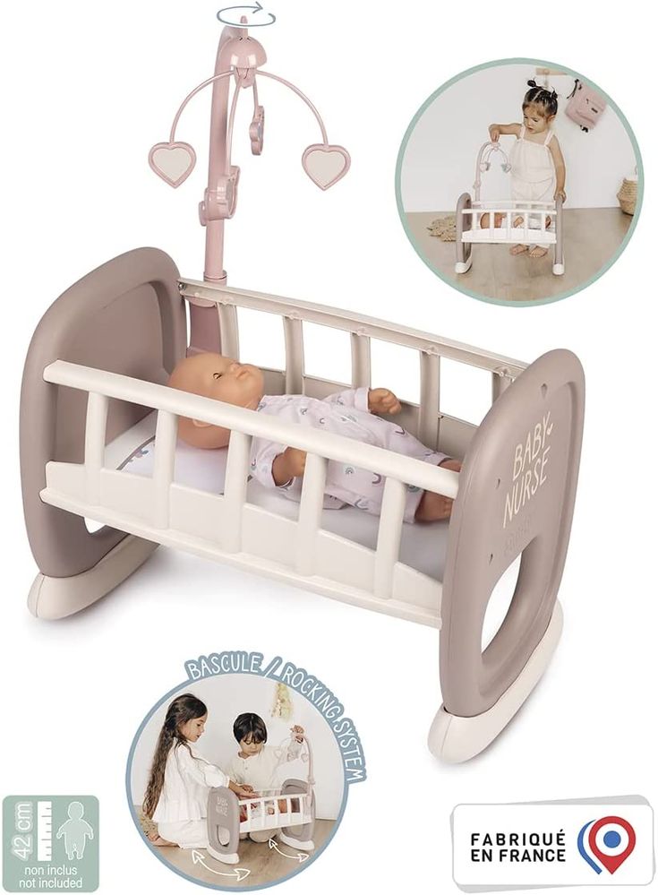 Ліжечко колиска для ляльки Smoby Toys Baby Nurse Бебi Ньорс Рожева пудра з мобілем Сіро-біла 220372